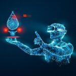 a digital holographic projection of a person wearing virtual reality glasses, interacting with a 3D molecular model of a water molecule, indicated by red and white spheres connected by lines representing bonds.